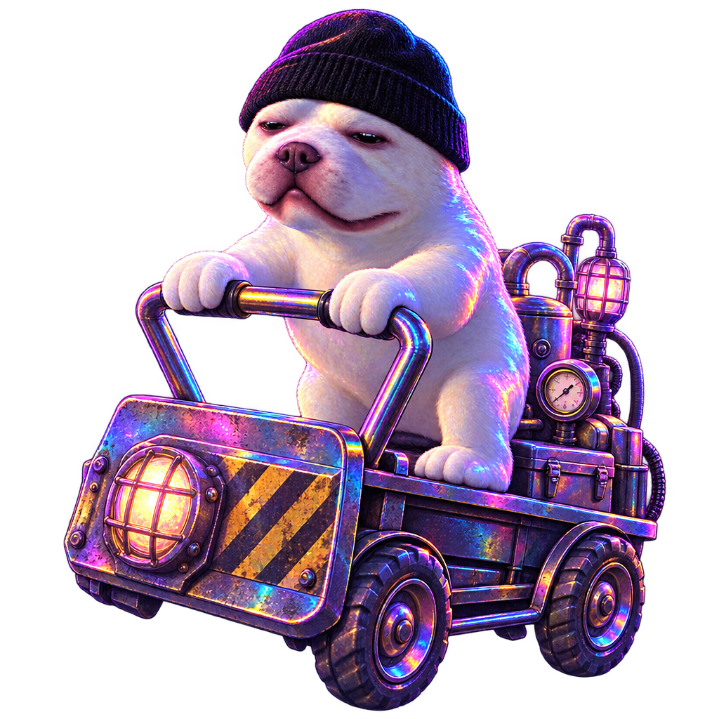 Underground Dog riding a small utility cart rigged with pipes and lanterns