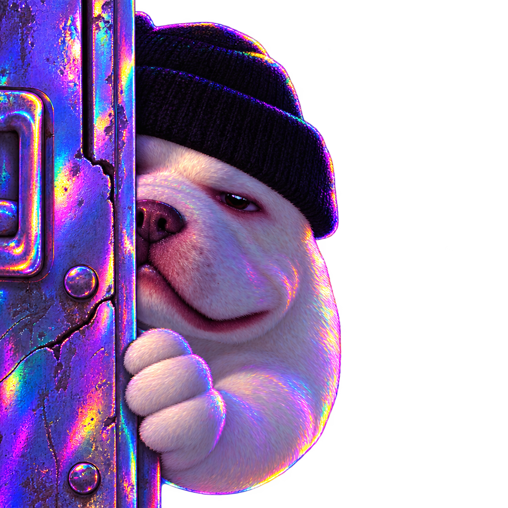 Underground Dog peeking from behind a metal panel, mid-evasion