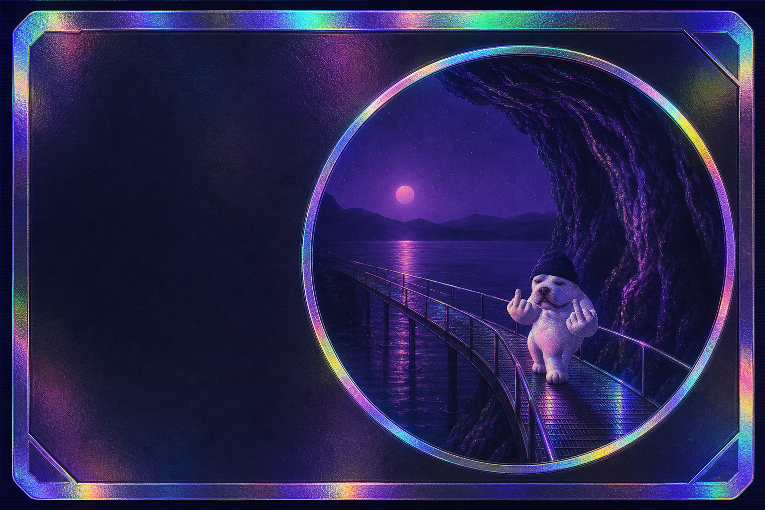 Underground Dog standing on a lakeside catwalk beneath a tunnel opening, moonlight above